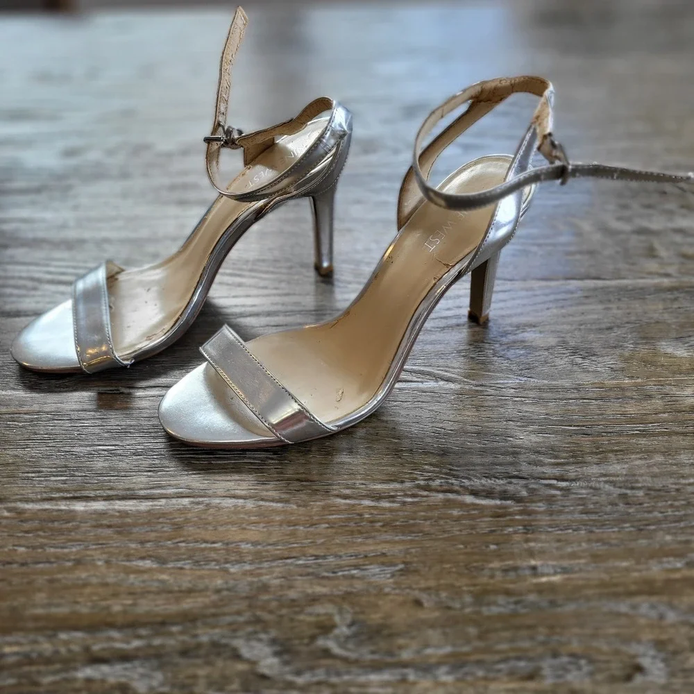 Nine West Silver Metallic Ankle Strap Stiletto Heels Sandals Women Size 8.5